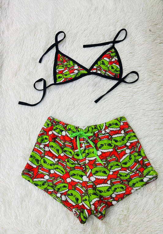 Pijama Grinch Parejas Conjunto Navidad Tela Invierno Descanso Casa Verde short con top