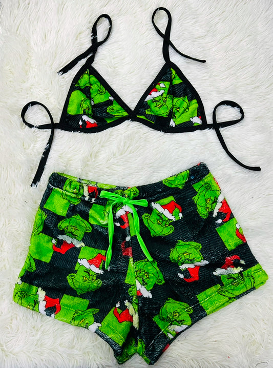 Short con top afelpado navidad Grinch cuadros verdes