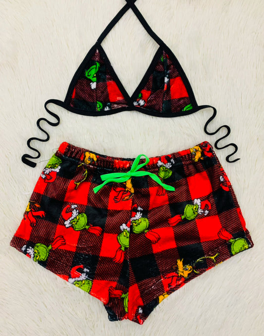 Short con top afelpado navidad Grinch cuadros rojos