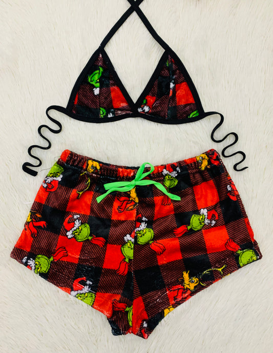 Grinch cuadros rojos navideño shorts afelpados