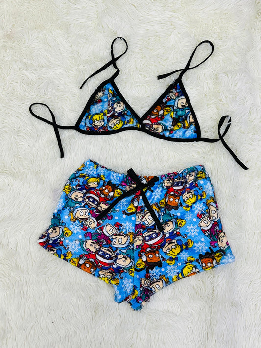 Rugrats Tie Front Sleepwear Loungewear Algodón Microfibra Tejido Gris short con top