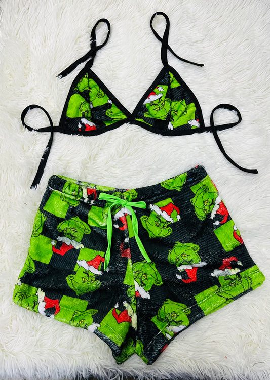 Grinch cuadros verdes navideño shorts afelpados