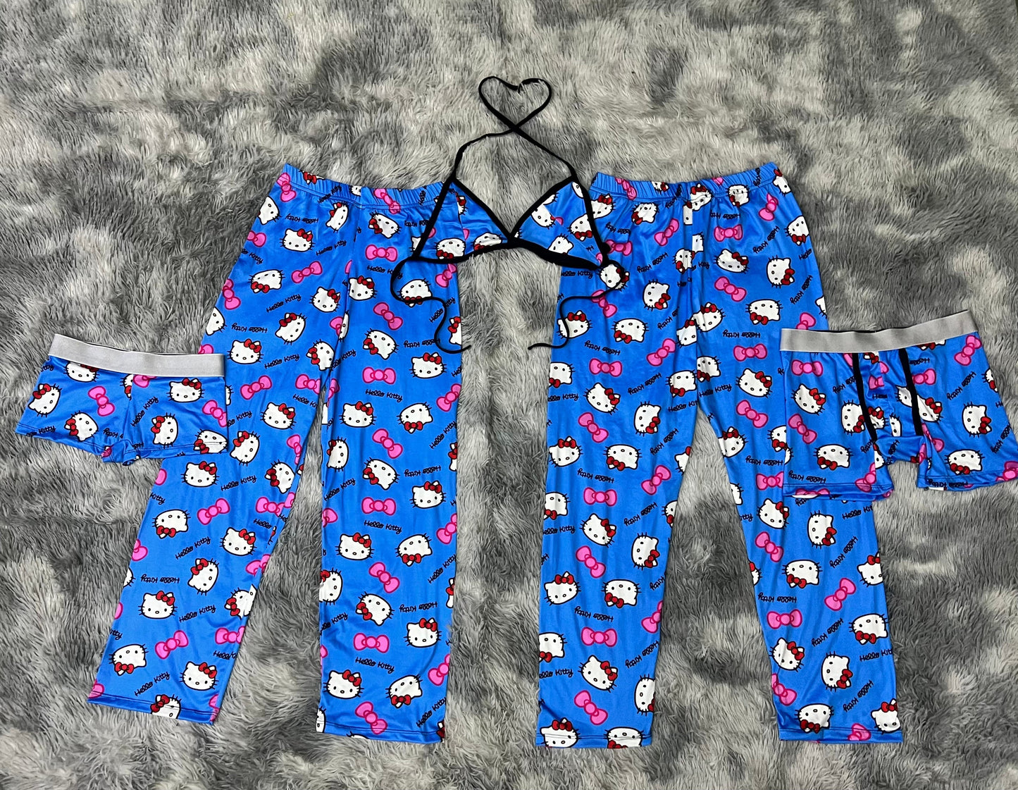 Hello Kitty pink bow blue 5 piece pajama set For Couples 🐱