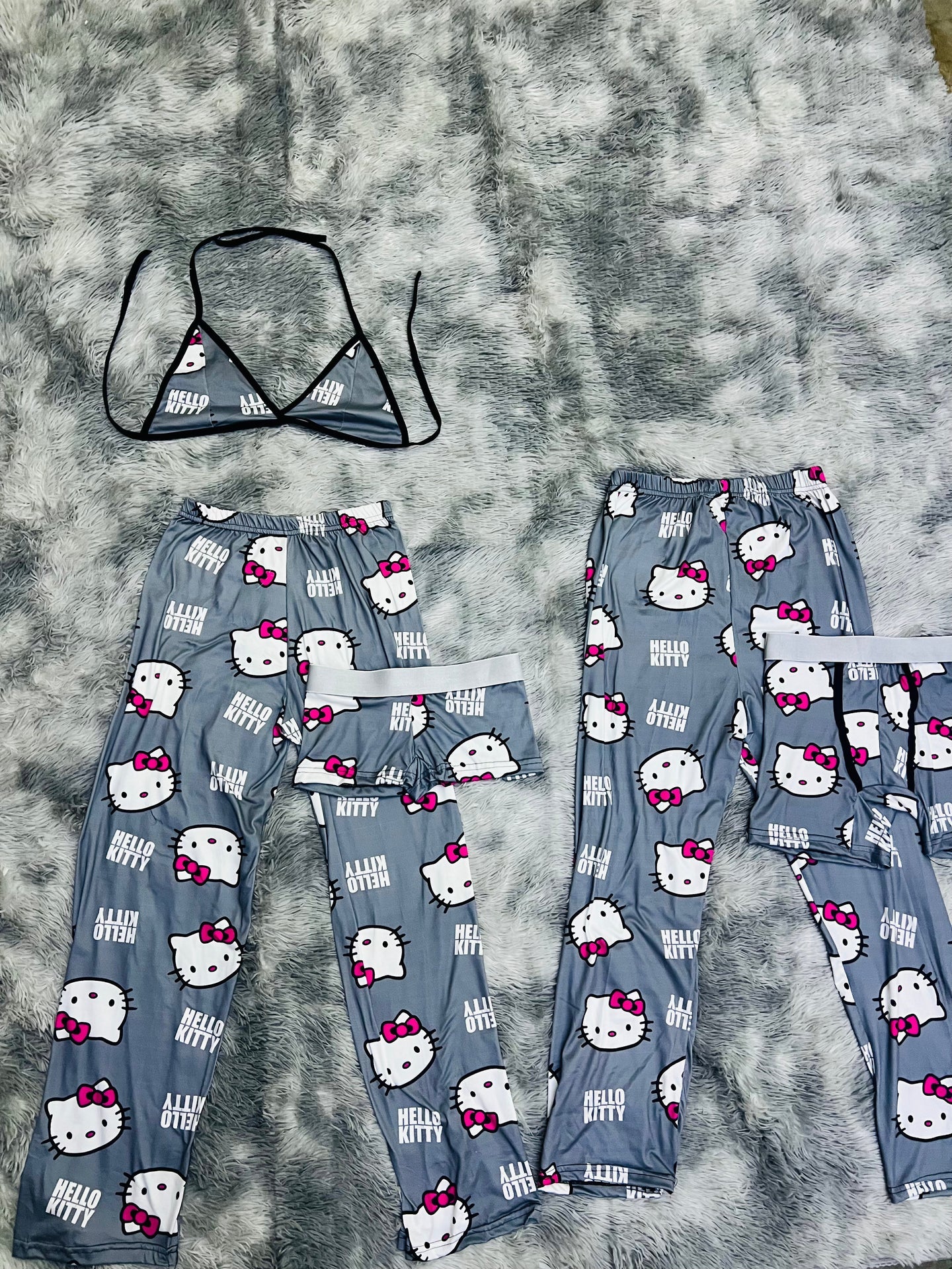 Gray Kitty Print 5 piece pajama set Cozy Duo For Couples 🐾