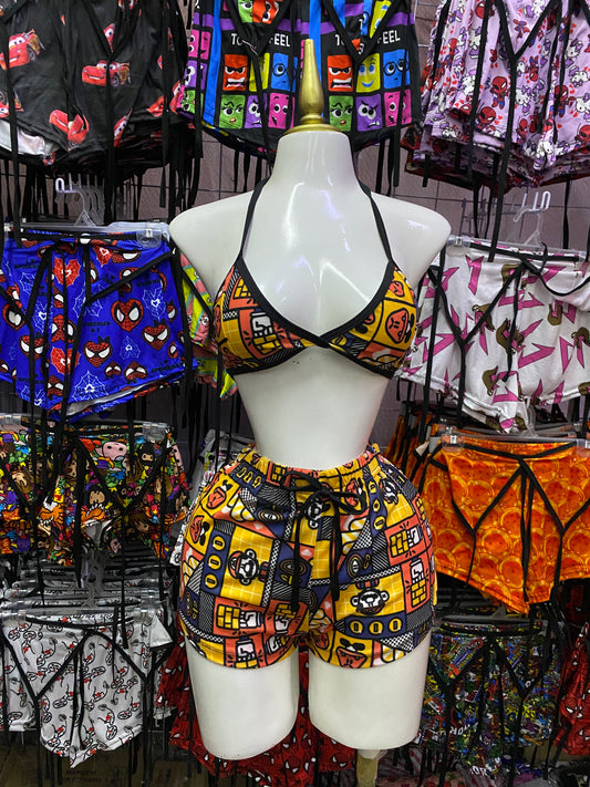 Mario bros cuadros amarillos Pijama de dama short con top individual de dama