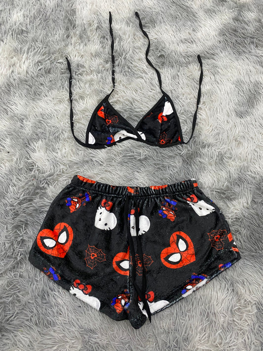 Spider kitty fondo negro top con short unitalla de afelpado