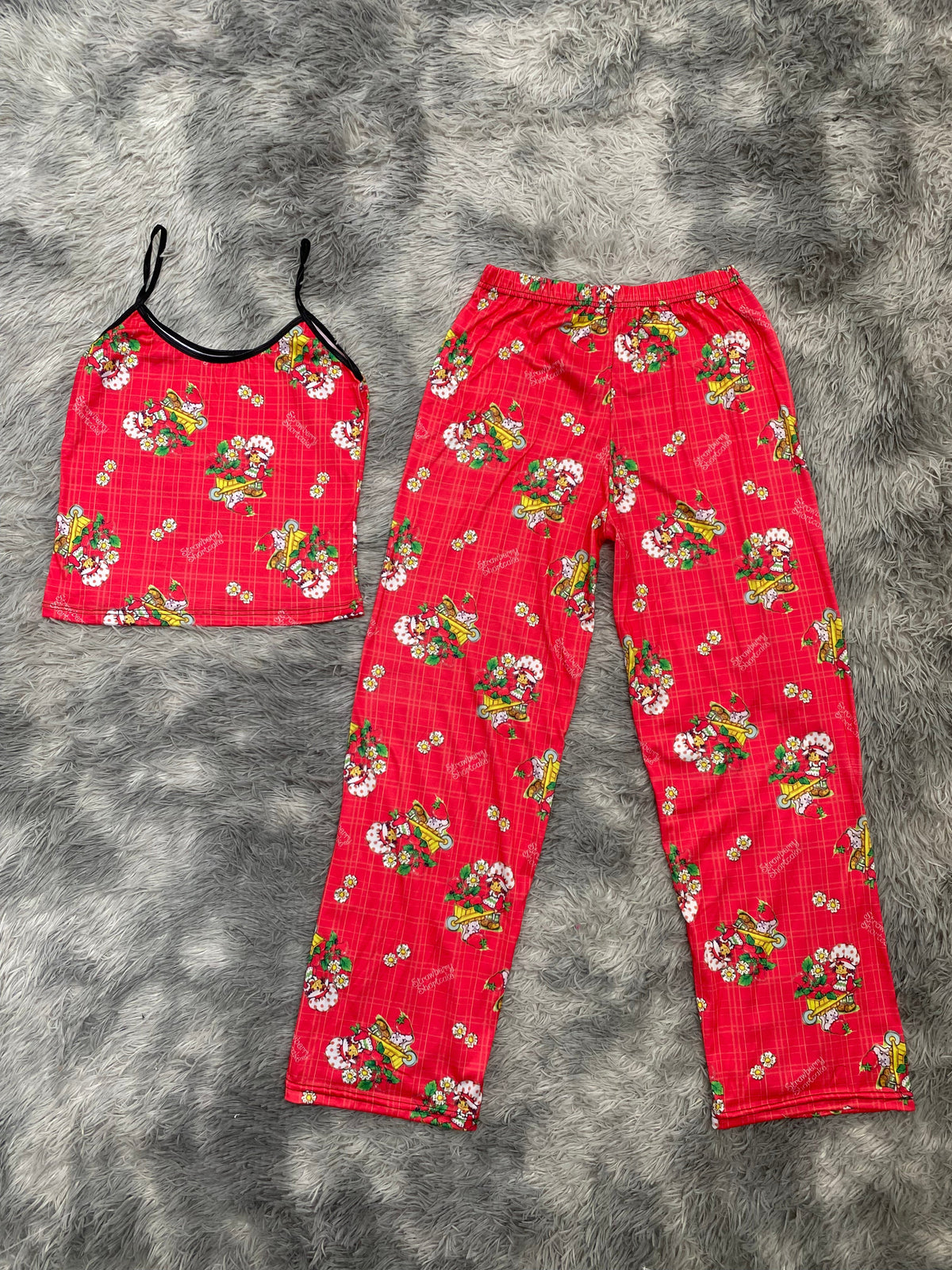 Rosita fresita con gato fondo de cuadros Blusa Con Pantalón Pijama De Dama