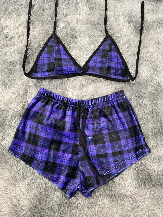 Cuadros negros y morados top con short unitalla de afelpado