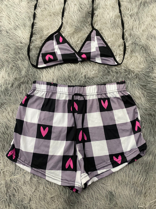 Cuadros negros y grises con corazones Top Con Short Unitalla De Brush