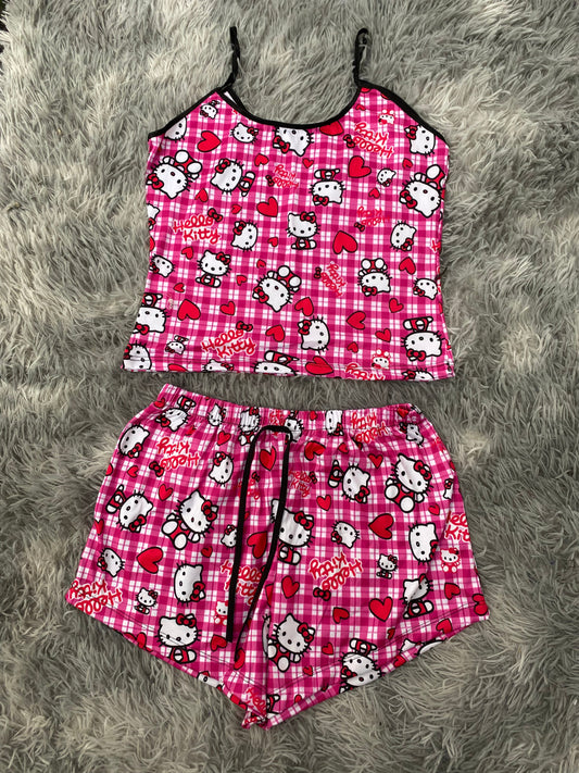 Hello kitty cuadros blancos y rosas Blusa Con Short